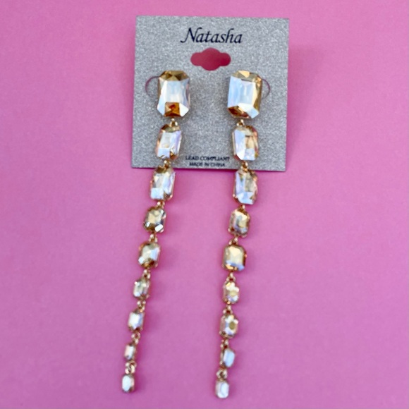 NWT Natasha Clear Gold Rhinestone Long Statement Earrings 5” - Picture 3 of 5